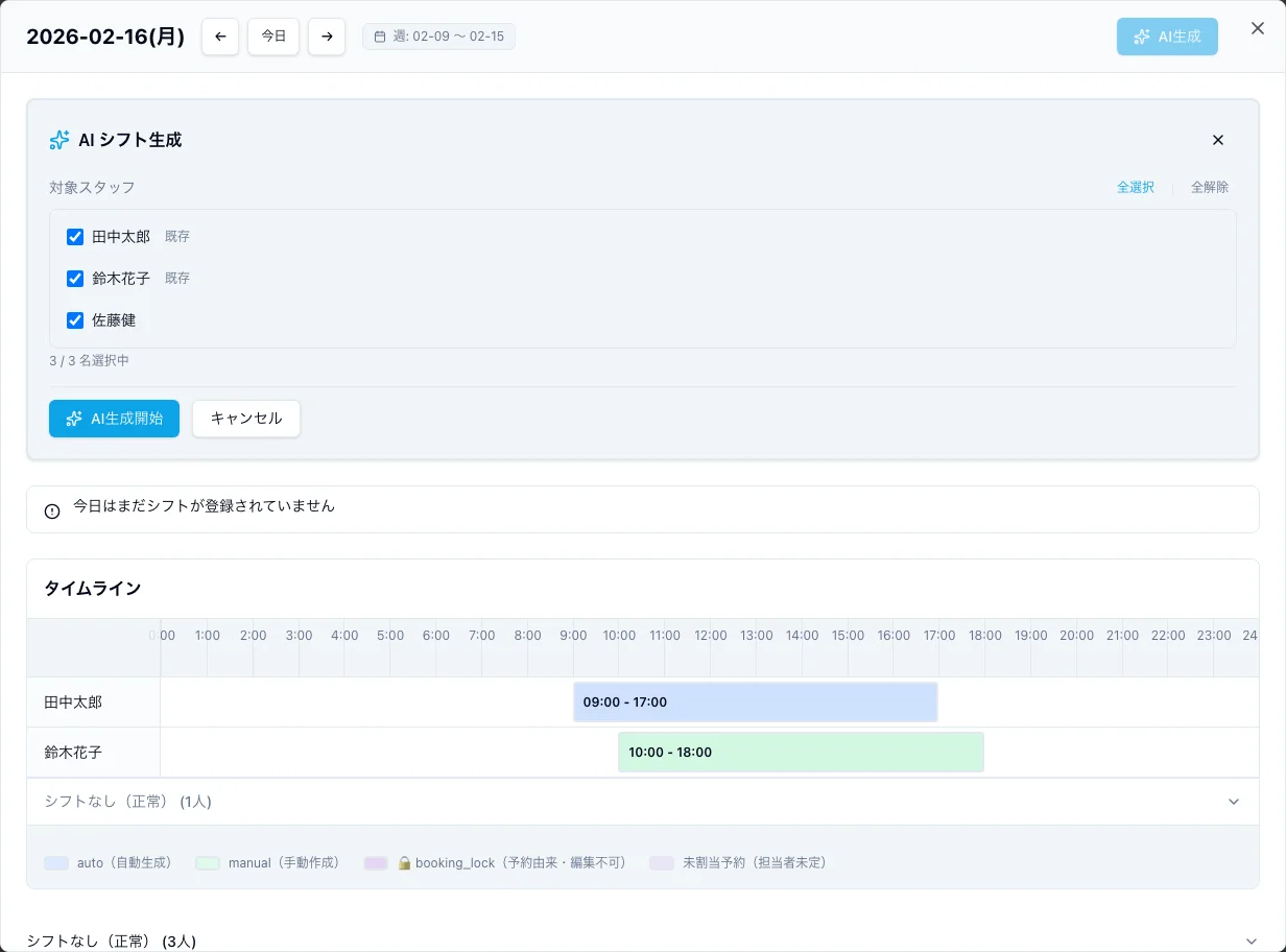 スタッフ選択画面 - AI生成対象を選択