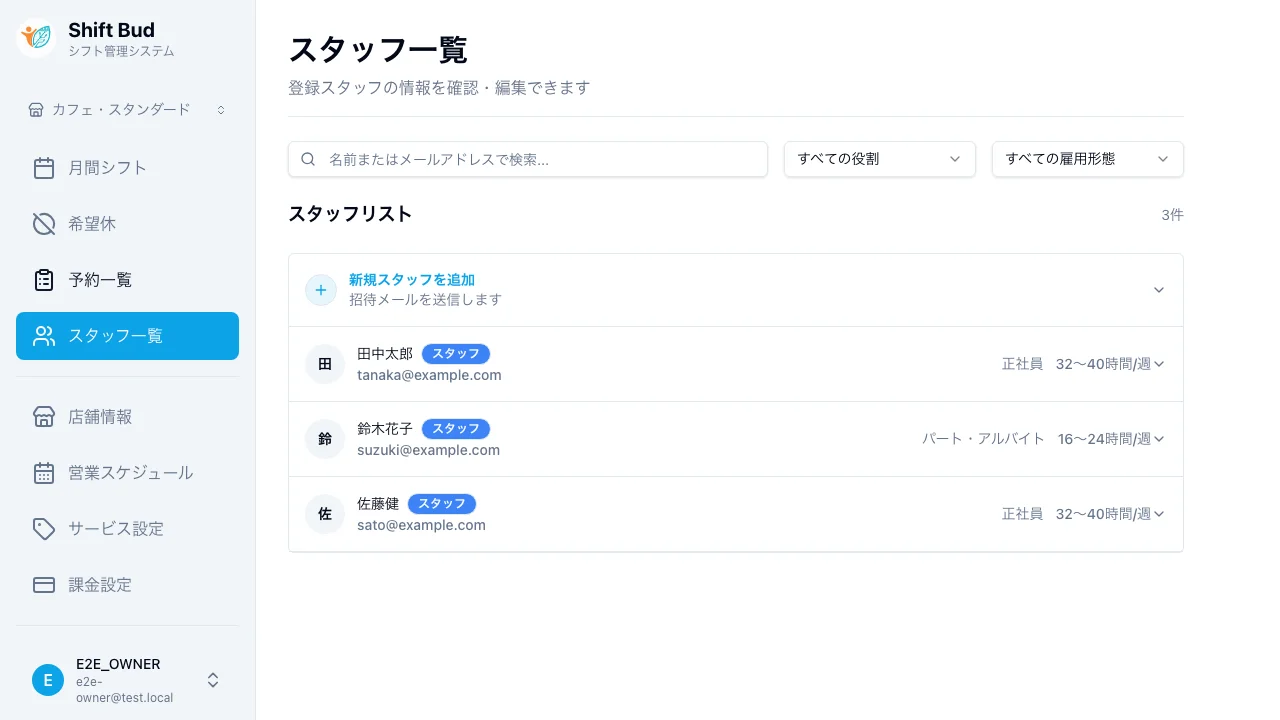 スタッフ管理 - 店舗ごとのスタッフ招待