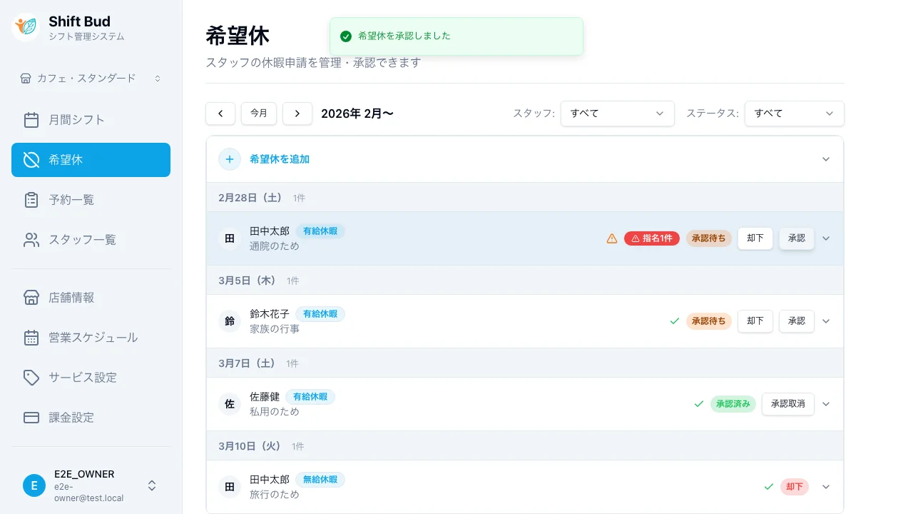 希望休の処理結果 - スタッフへの反映確認