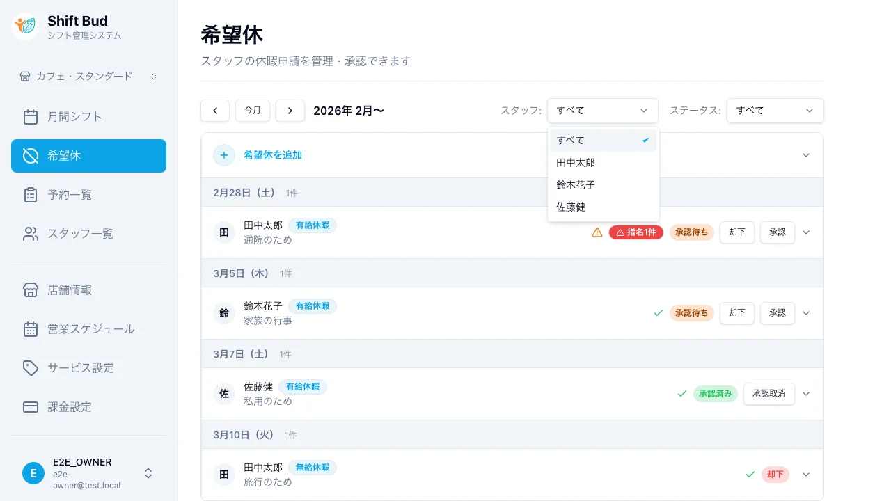希望休フィルタ - ステータスやスタッフで絞り込み